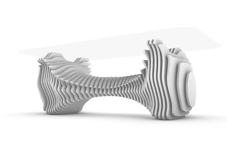 The Double helix table in the generator, rendered in white: stacked panels form two sculpted bases joined by a twisting spine under a glass top