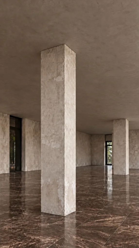 The empty room before the project: bare concrete columns and a dark marble floor