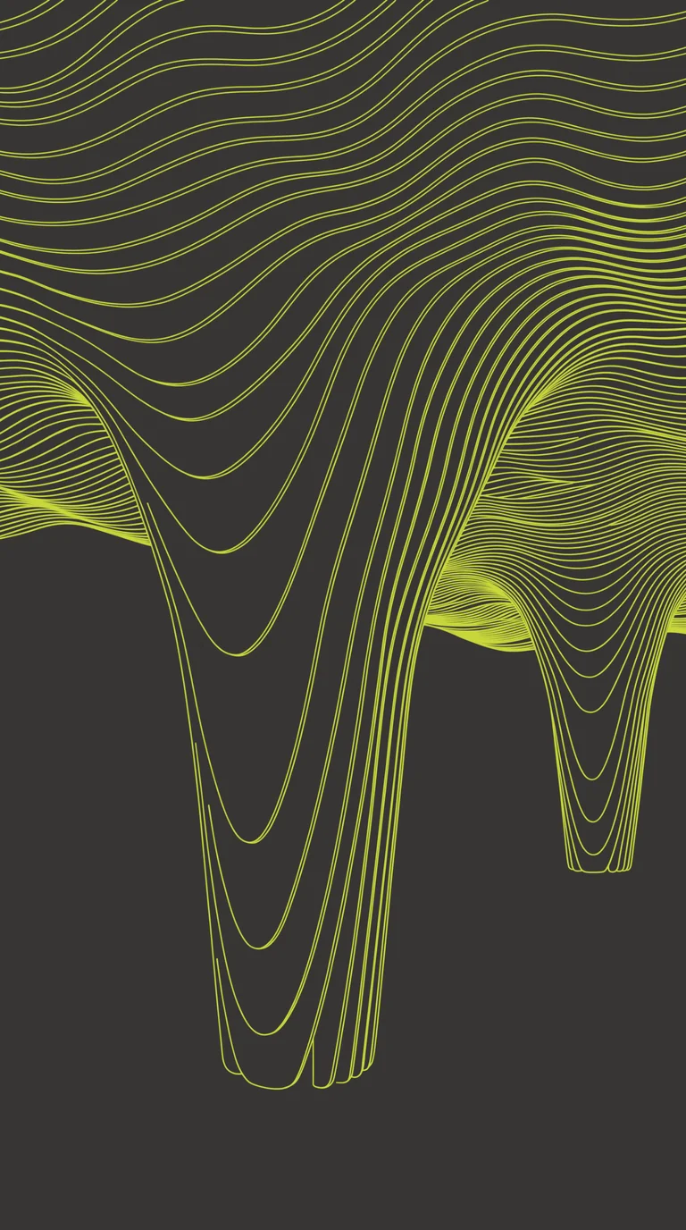 The column form as lime lines: fin profiles flowing up into the wave-shaped ceiling