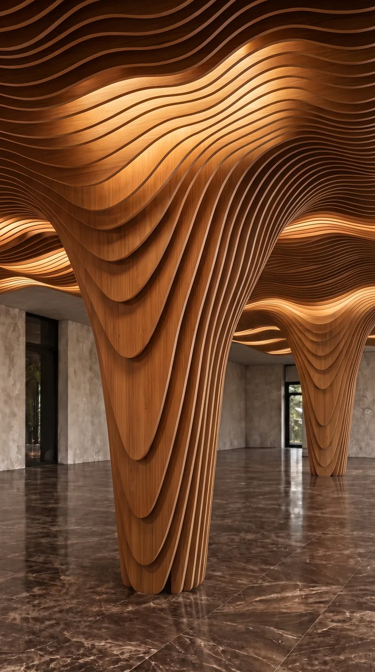 A column of layered wooden fins flowing into a wave-shaped wooden ceiling