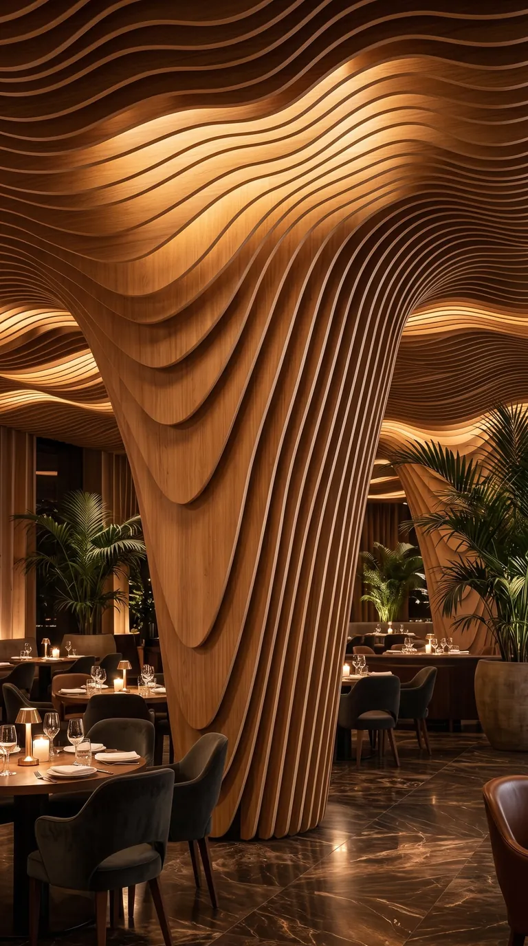 A restaurant with a wooden column of layered fins that flows into a wave-shaped wooden ceiling