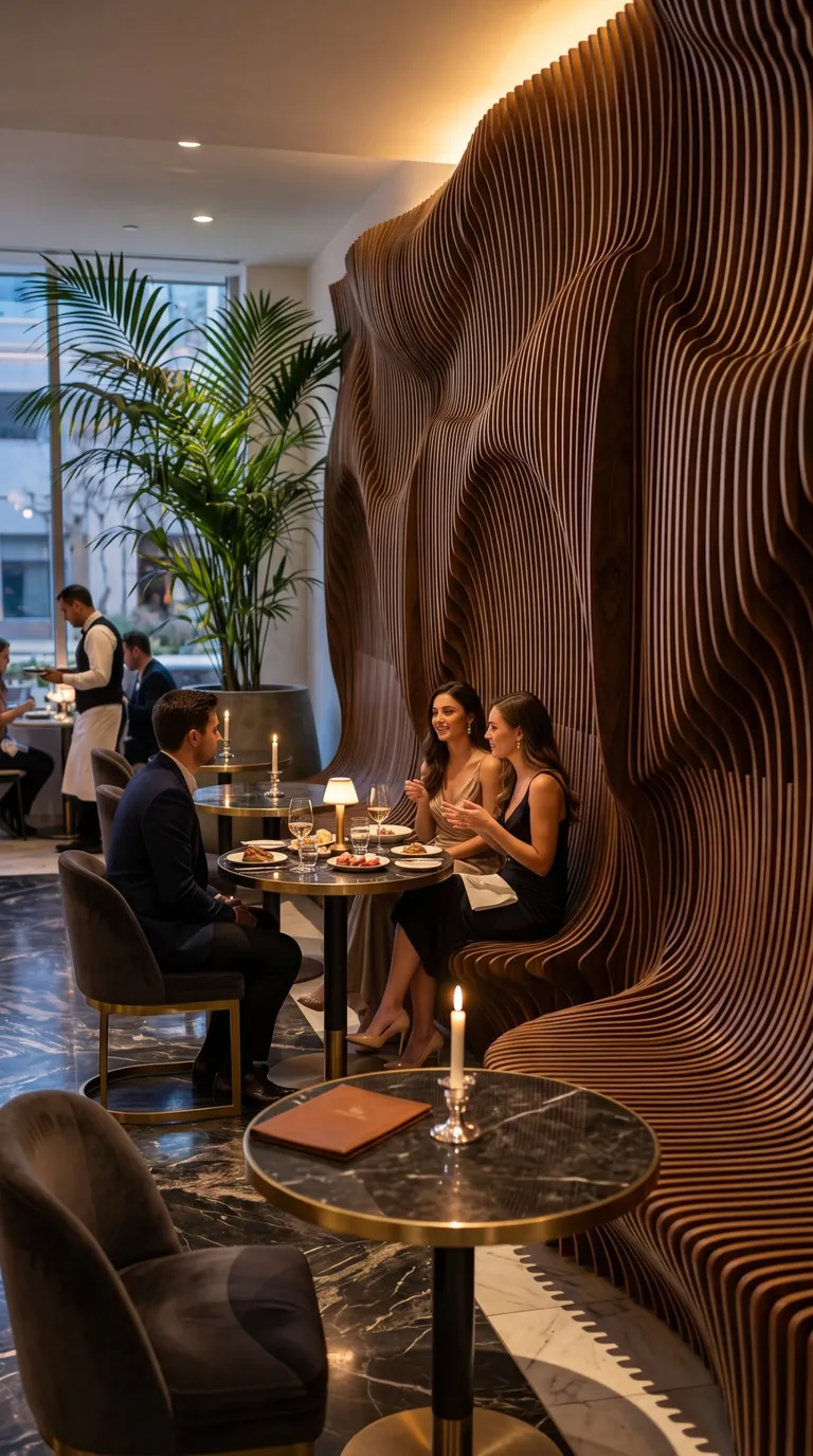 A ribbed walnut wall that folds into a long bench in a candlelit restaurant