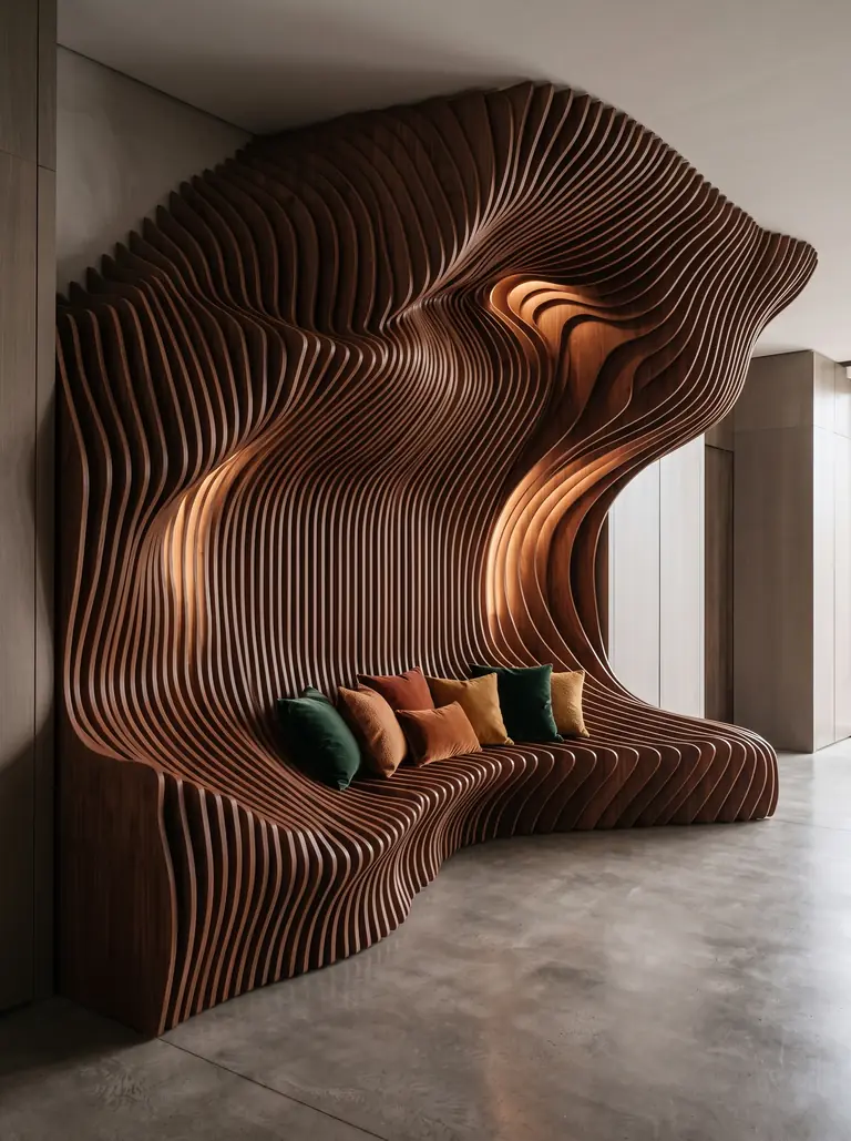 A walnut feature wall that sweeps out into a built-in seating niche