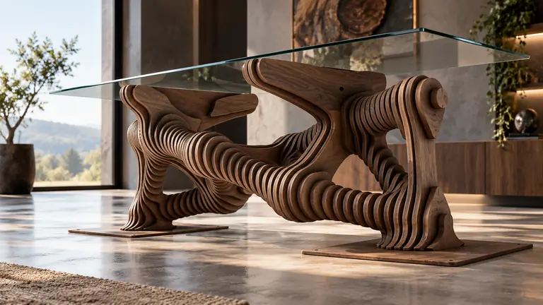Knot Table: a glass top over a looping, knotted base of ribbed walnut