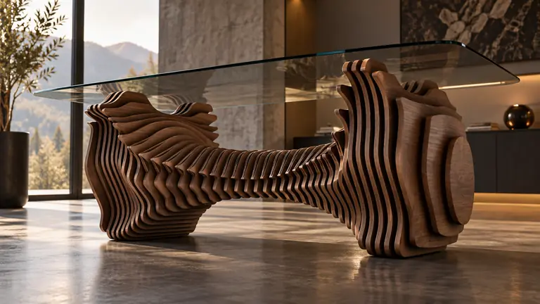 Ridge Dining Table: a glass top over a long walnut base of stacked sections that twist like a double helix