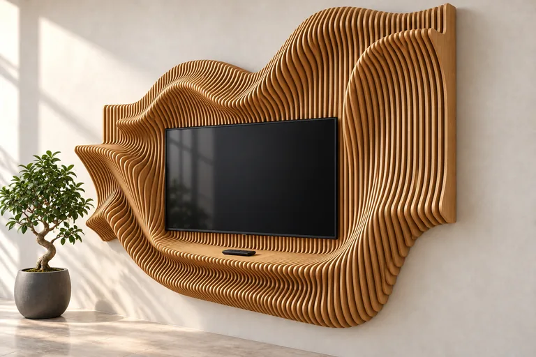 An oak wall structure of wavy fins framing a TV with a built-in shelf