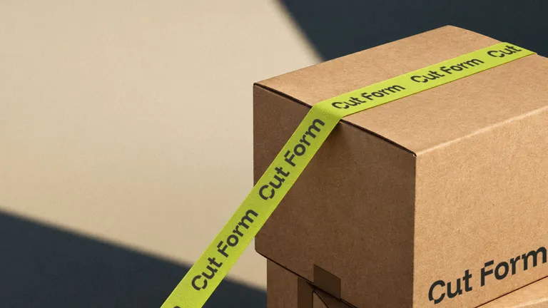 A kraft box sealed with lime Cut Form tape