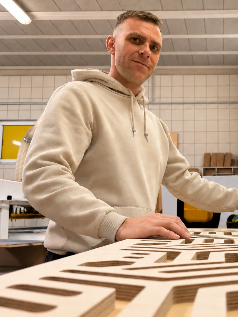 Björn Jelinek at the workbench, one hand on a CNC-cut plywood panel